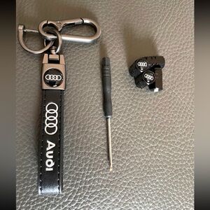 Audi Logo leather keychain and tire valve stem caps set Brand New